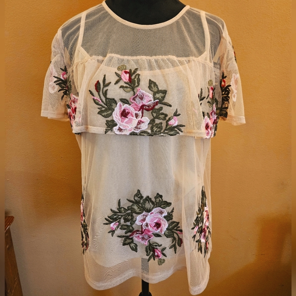 INC International Concepts Light Tan and Pink Flutter Sleeve Blouse